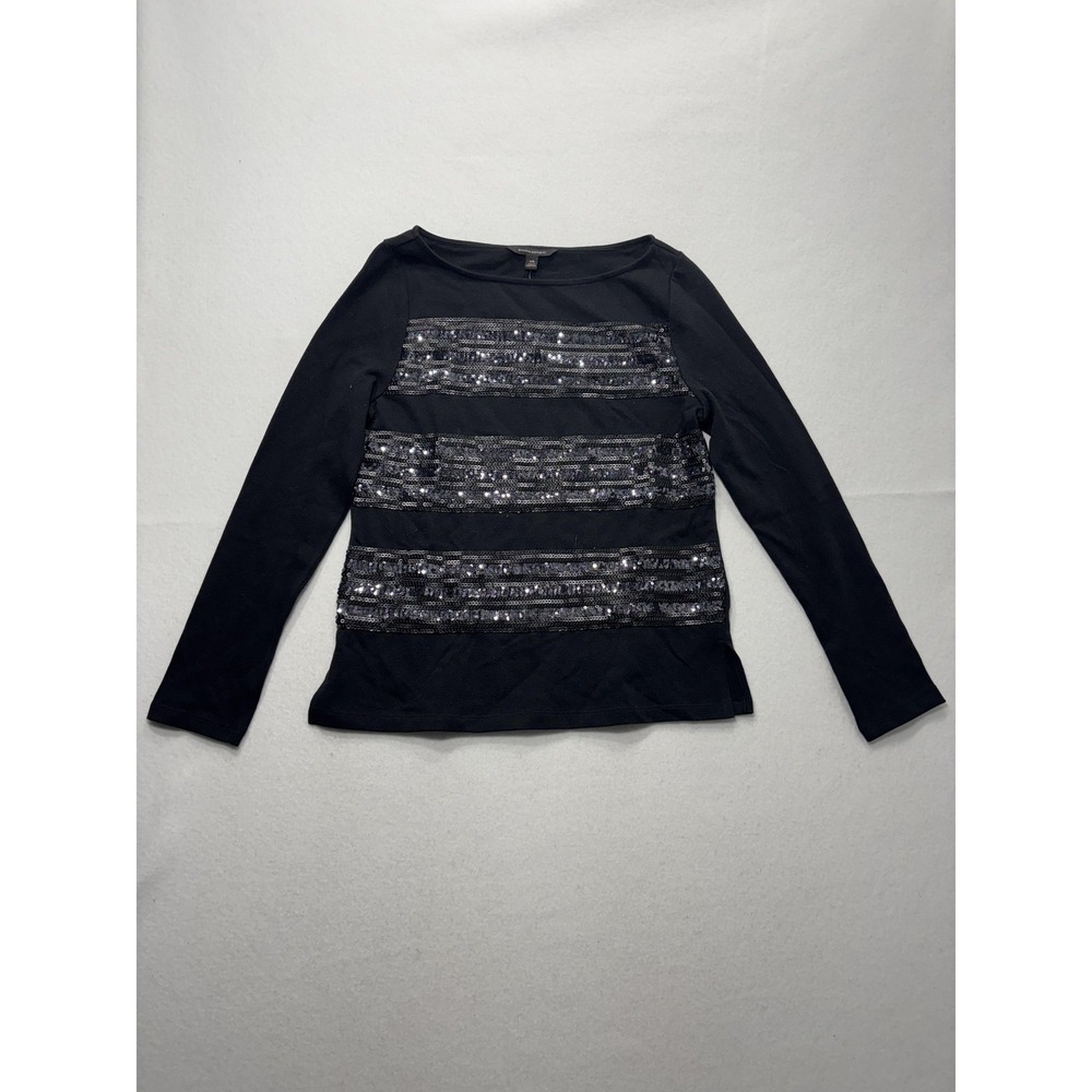 Banana Republic Top Womens XS Black Sequin Stripe Boat Neck Long Sleeve Party